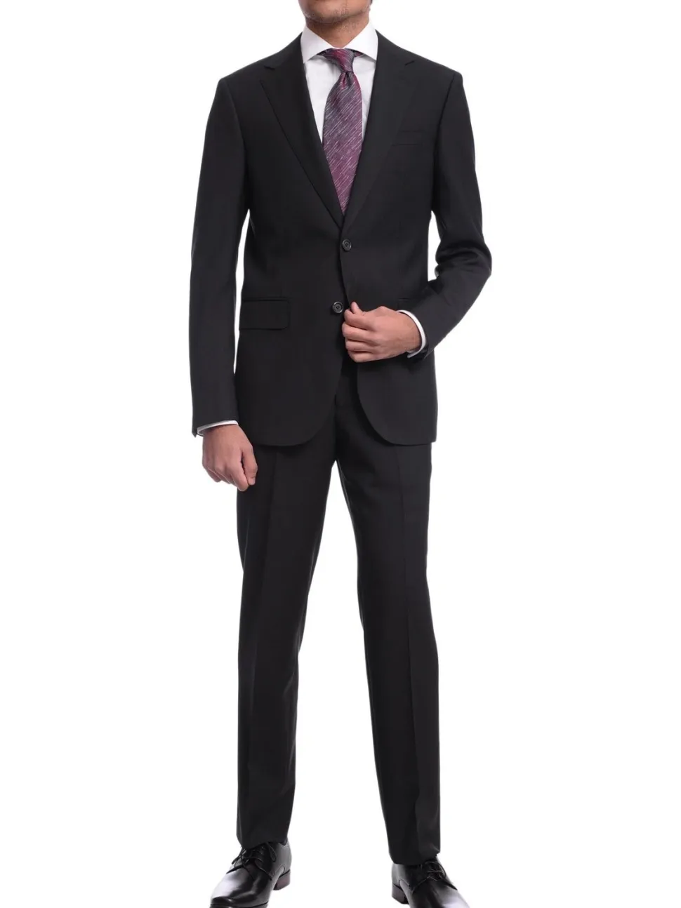 Men's Napoli Slim Fit Black Textured Half Canvassed Two Button Reda Wool Suit