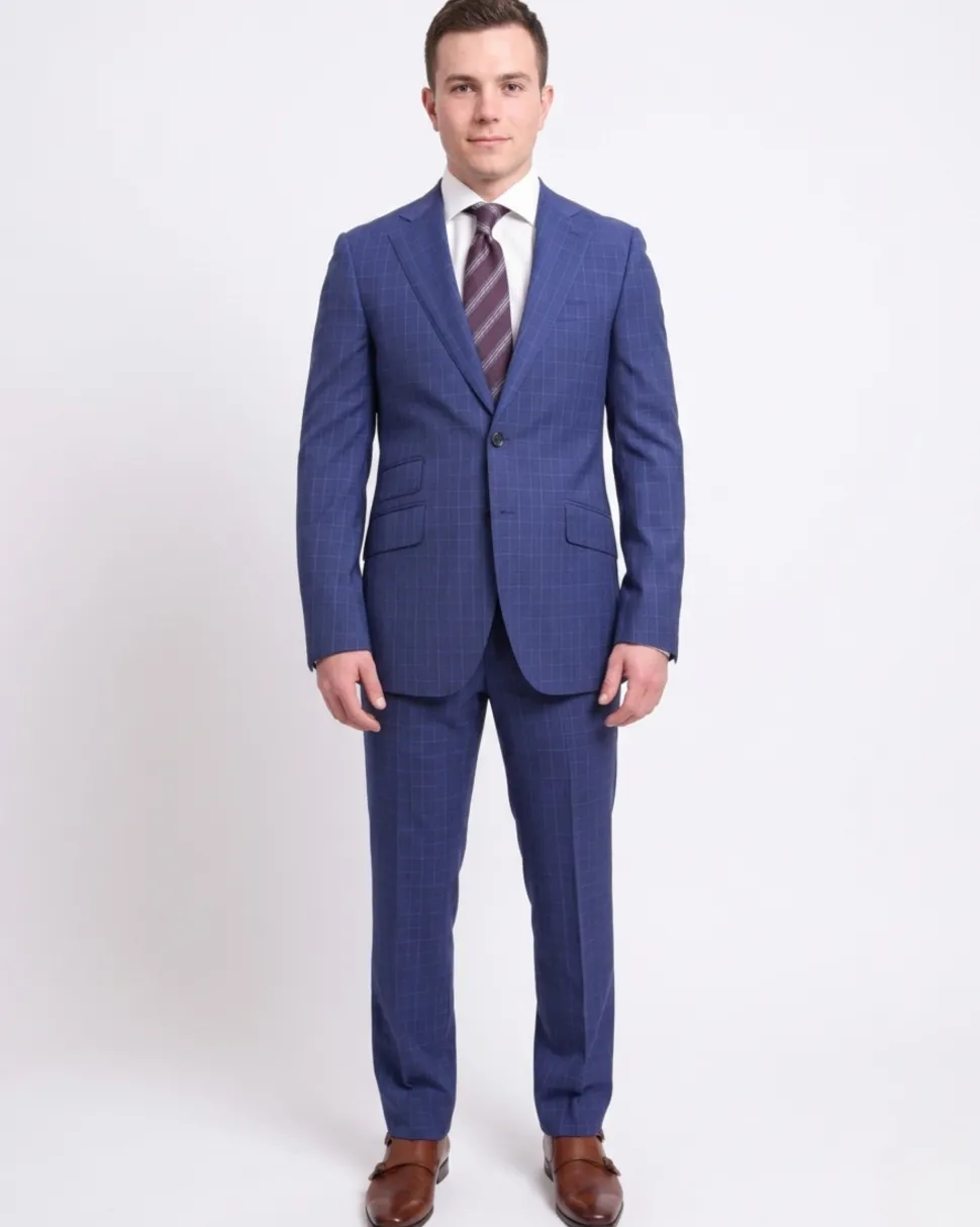 Men's Napoli Slim Fit Blue Glen Plaid 2 Button Super 150s 100% Italian Wool Suit