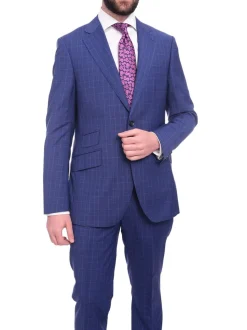 Men's Napoli Slim Fit Blue Glen Plaid 2 Button Super 150s 100% Italian Wool Suit