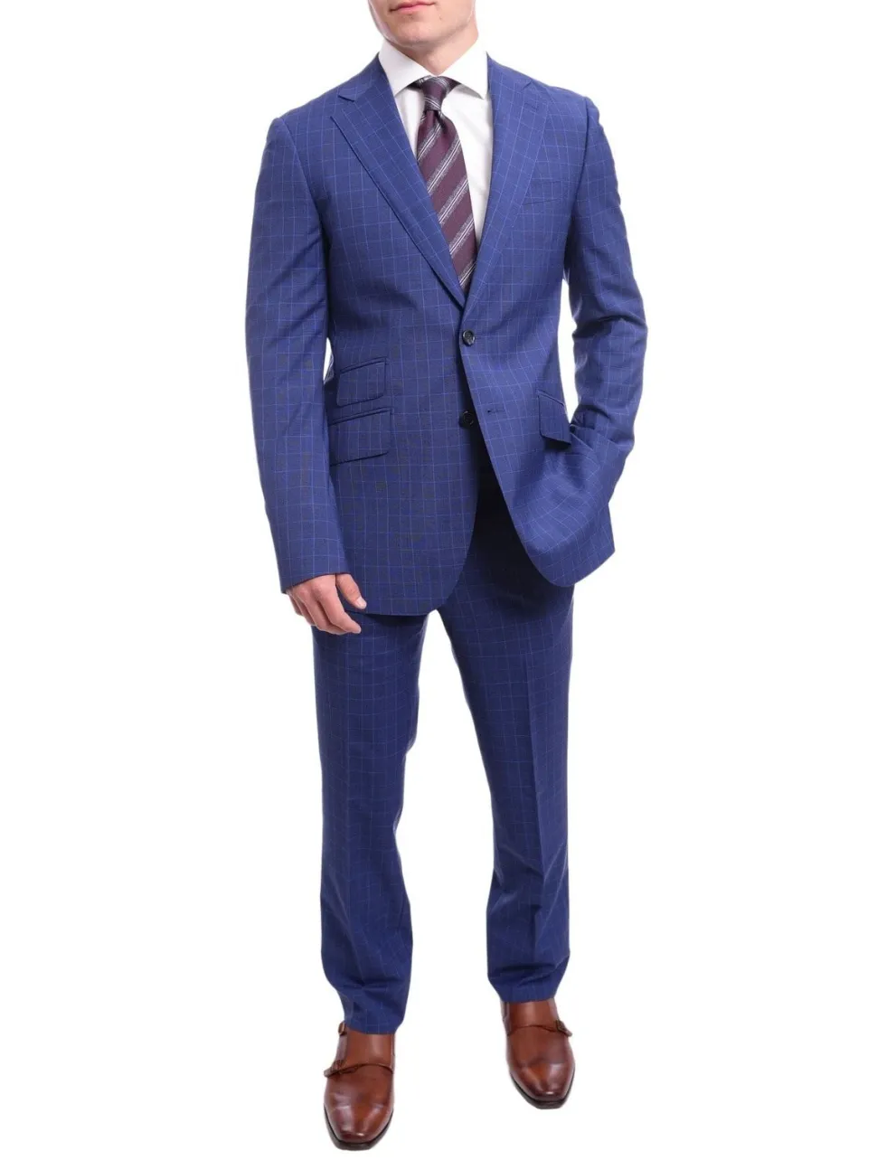 Men's Napoli Slim Fit Blue Glen Plaid 2 Button Super 150s 100% Italian Wool Suit
