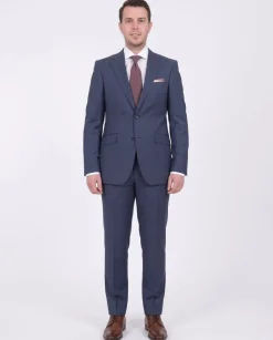 Mens Napoli Slim Fit Blue Textured Two Button Half Canvassed Marzotto Wool Suit