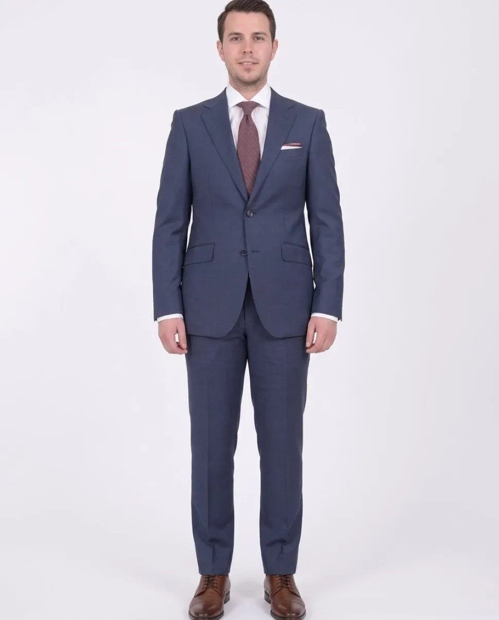 Mens Napoli Slim Fit Blue Textured Two Button Half Canvassed Marzotto Wool Suit