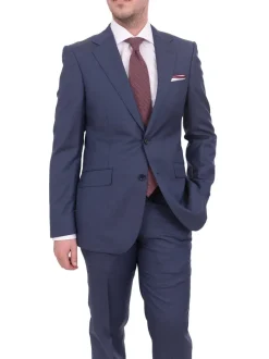 Mens Napoli Slim Fit Blue Textured Two Button Half Canvassed Marzotto Wool Suit