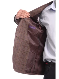Mens Napoli Slim Fit Brown Blue Plaid Half Canvassed Reda Wool Blazer Sportcoat