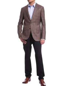 Mens Napoli Slim Fit Brown Blue Plaid Half Canvassed Reda Wool Blazer Sportcoat