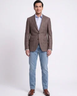 Mens Napoli Slim Fit Brown Blue Plaid Half Canvassed Reda Wool Blazer Sportcoat