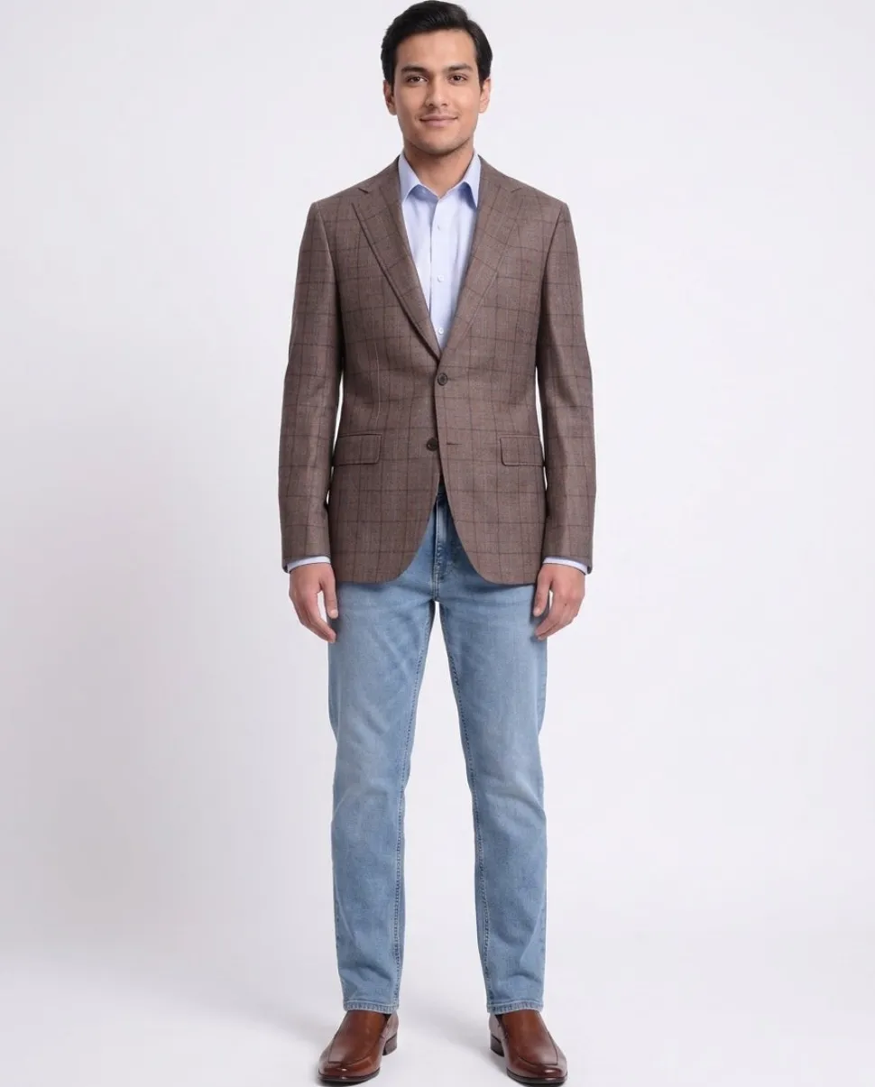 Mens Napoli Slim Fit Brown Blue Plaid Half Canvassed Reda Wool Blazer Sportcoat