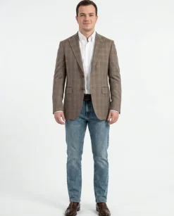 Mens Napoli Slim Fit Brown Plaid Half Canvassed Wool Silk Blend Blazer Sportcoat
