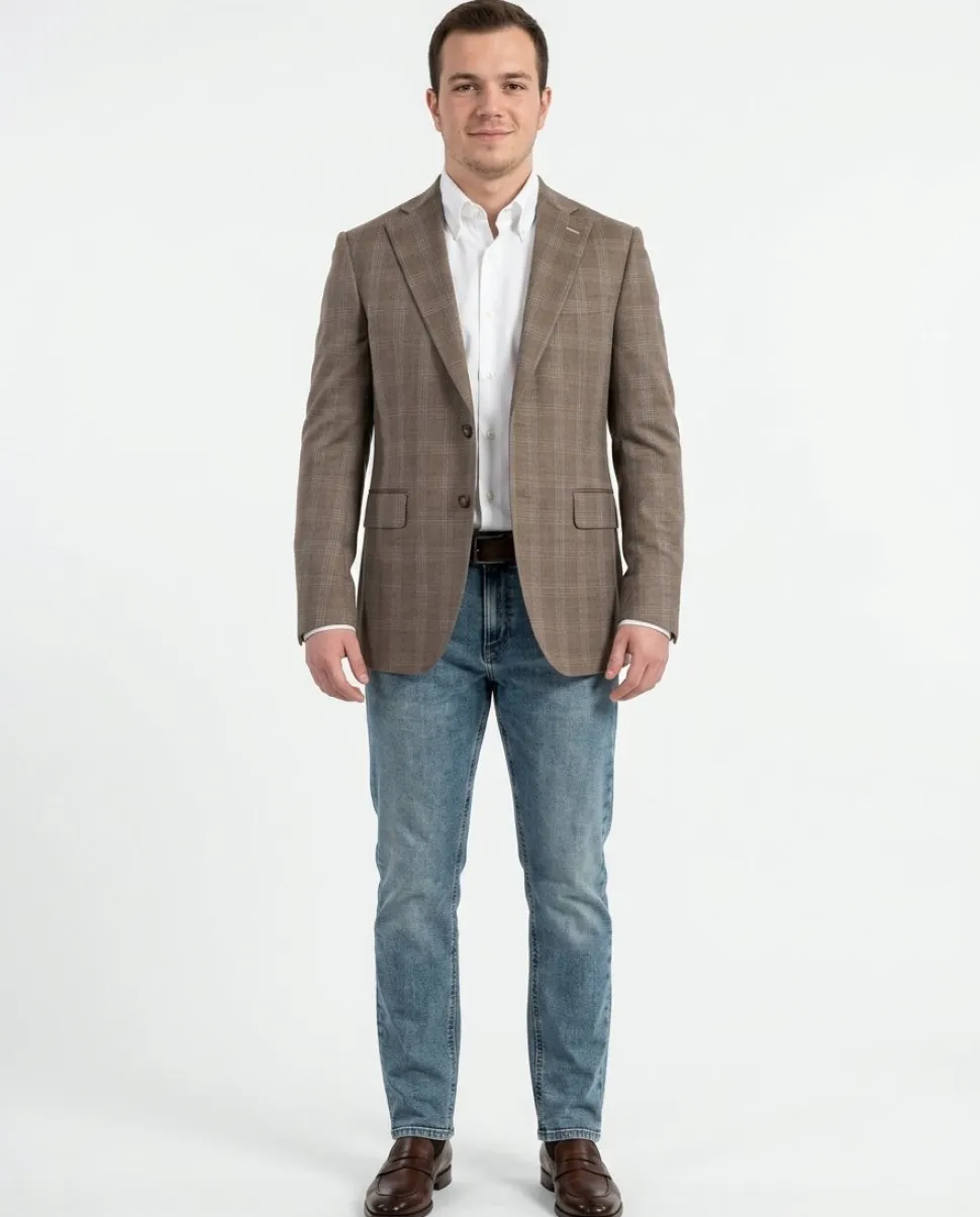 Mens Napoli Slim Fit Brown Plaid Half Canvassed Wool Silk Blend Blazer Sportcoat