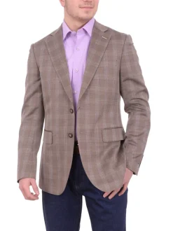 Mens Napoli Slim Fit Brown Plaid Half Canvassed Wool Silk Blend Blazer Sportcoat