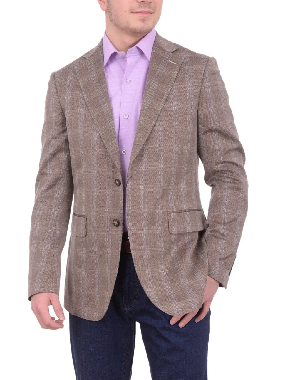 Mens Napoli Slim Fit Brown Plaid Half Canvassed Wool Silk Blend Blazer Sportcoat