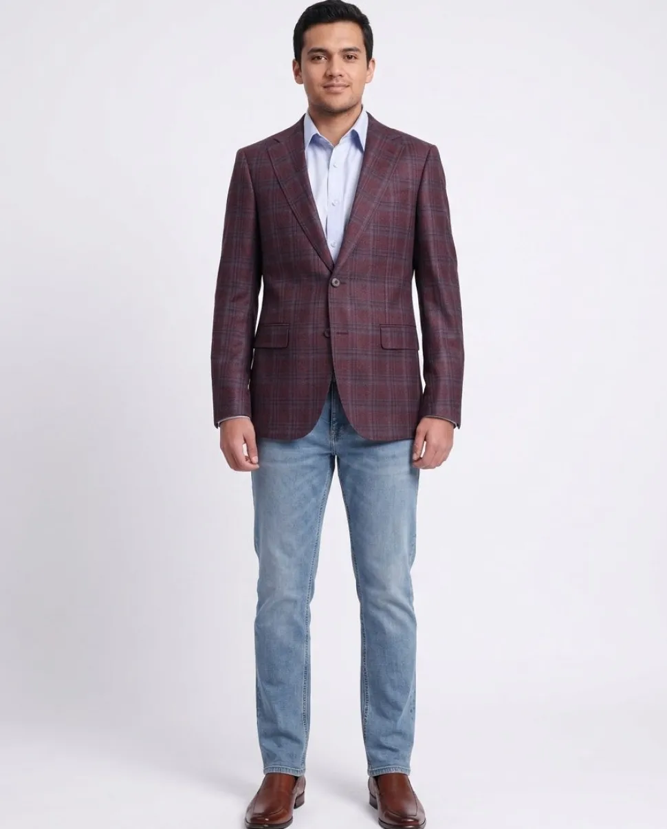 Men's Napoli Slim Fit Burgundy With Blue Plaid Two Button Wool Blazer Sportcoat