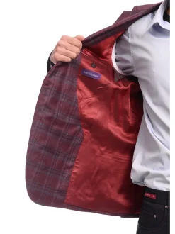 Men's Napoli Slim Fit Burgundy With Blue Plaid Two Button Wool Blazer Sportcoat