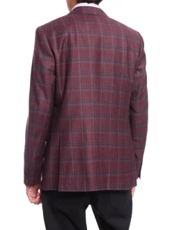Men's Napoli Slim Fit Burgundy With Blue Plaid Two Button Wool Blazer Sportcoat