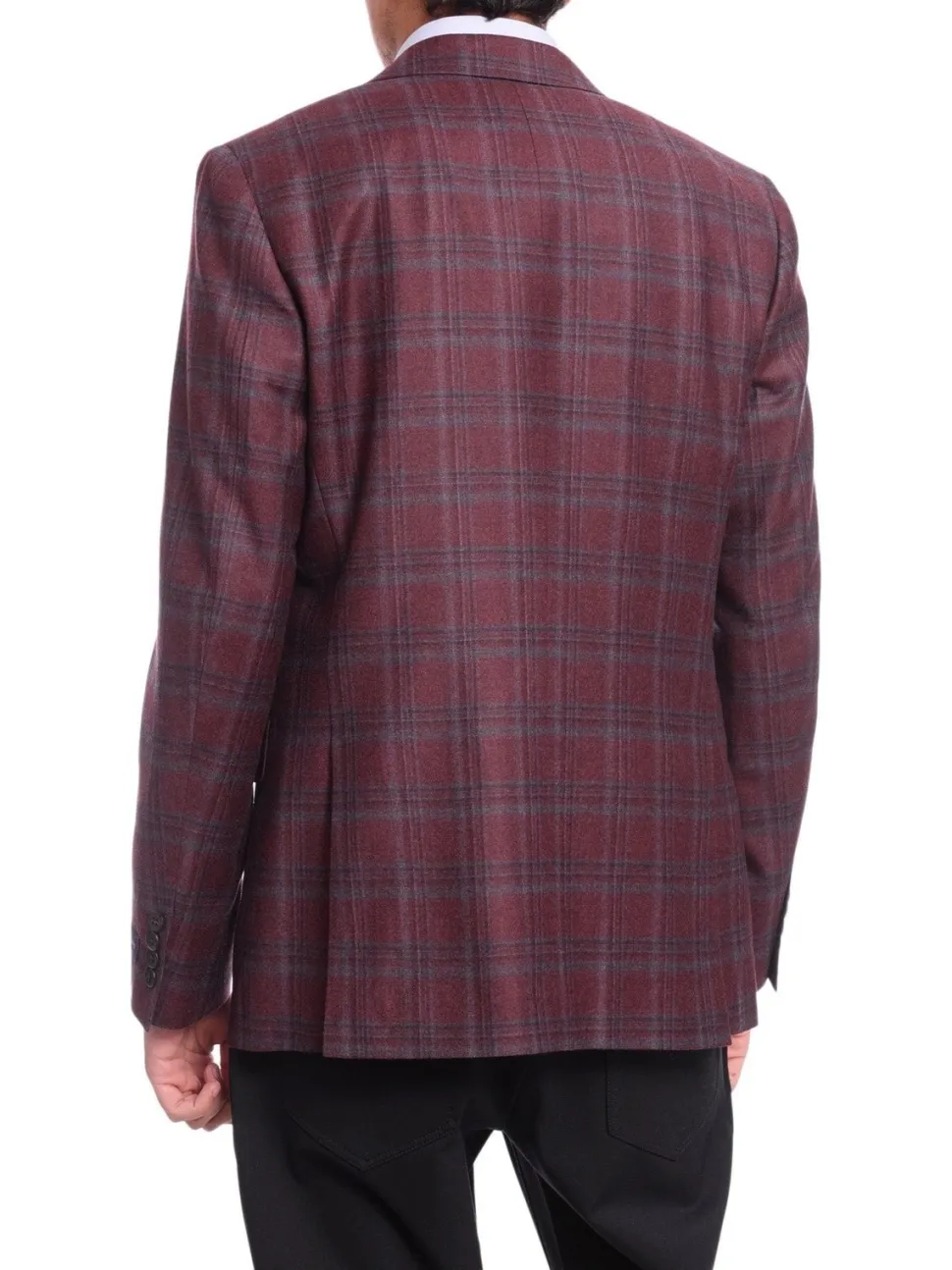 Men's Napoli Slim Fit Burgundy With Blue Plaid Two Button Wool Blazer Sportcoat