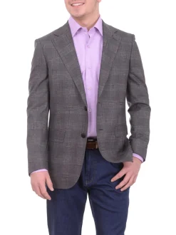 Mens Napoli Slim Fit Charcoal Gray Plaid Half Canvassed Wool Blazer Sportcoat