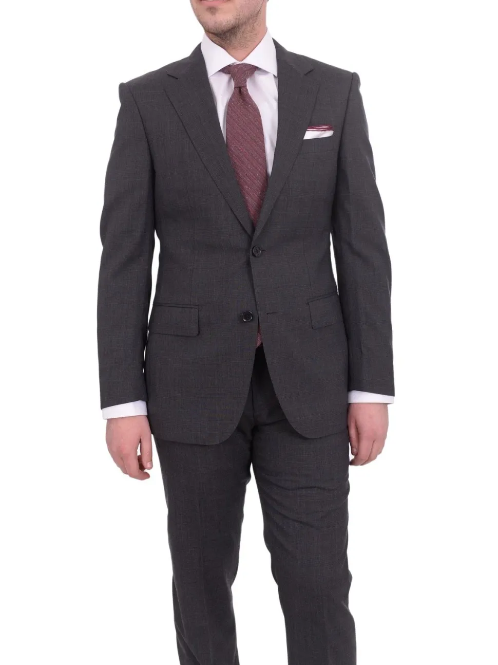 Mens Napoli Slim Fit Gray Glen Plaid Half Canvassed Marzotto Wool Suit