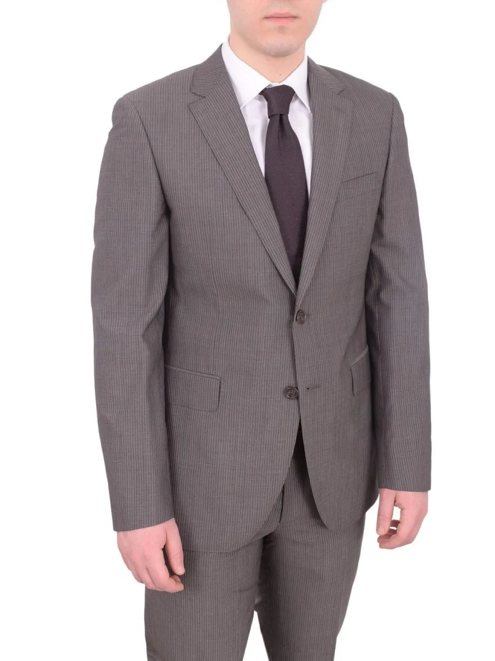 Mens Napoli Slim Fit Gray Pinstriped Half Canvassed Marzotto Wool Suit