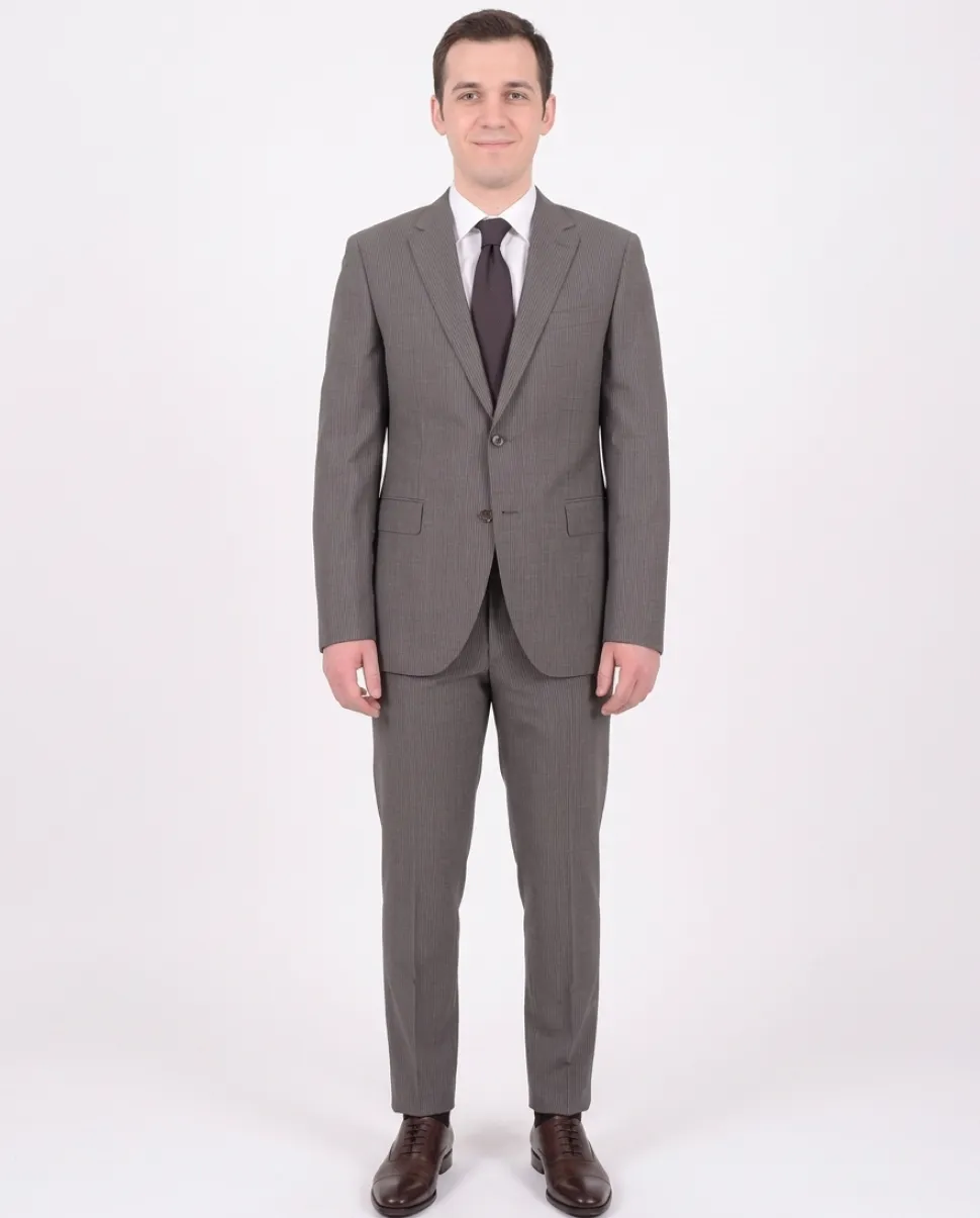Mens Napoli Slim Fit Gray Pinstriped Half Canvassed Marzotto Wool Suit