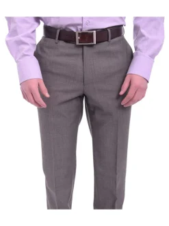 Mens Napoli Slim Fit Light Brown Harringbone Flat Front Wool Dress Pants