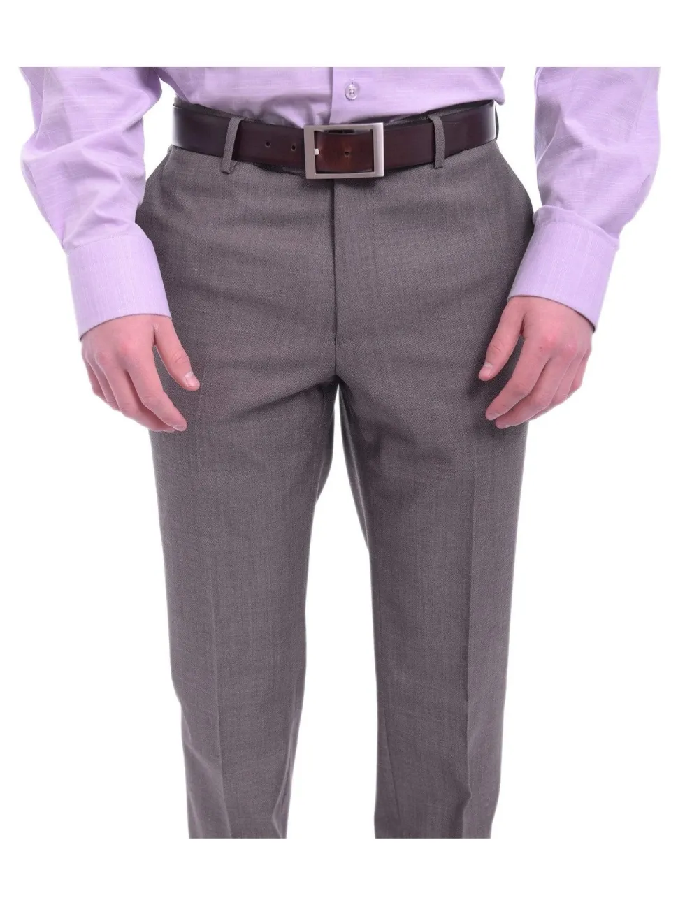 Mens Napoli Slim Fit Light Brown Harringbone Flat Front Wool Dress Pants