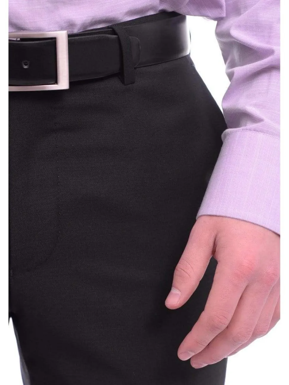 Mens Napoli Slim Fit Solid Black Flat Front Wool Dress Pants