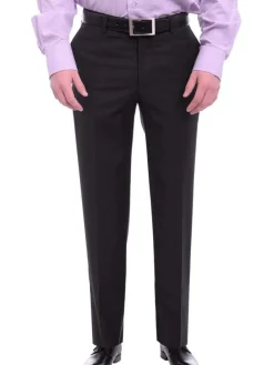 Mens Napoli Slim Fit Solid Black Flat Front Wool Dress Pants
