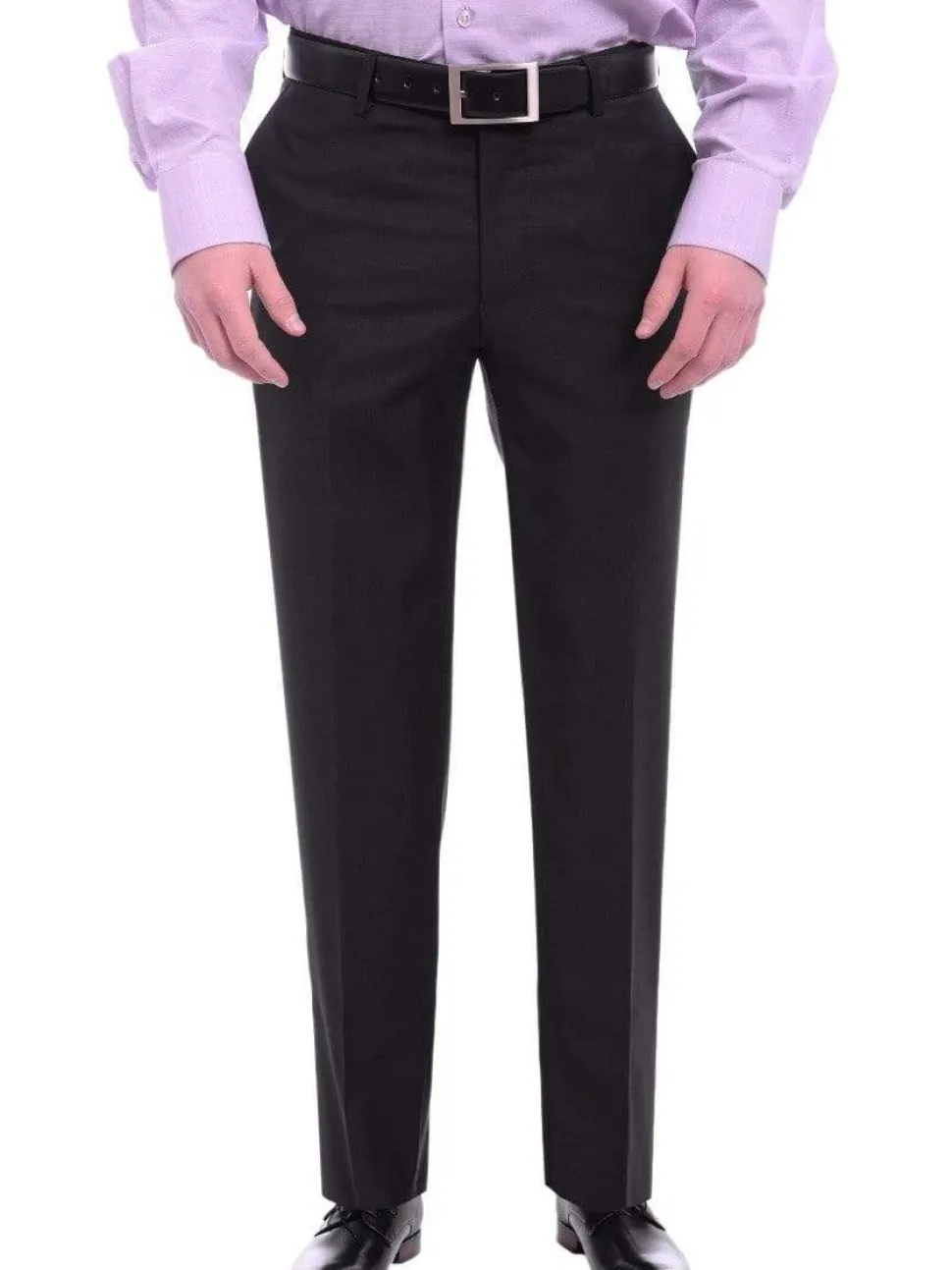 Mens Napoli Slim Fit Solid Black Flat Front Wool Dress Pants