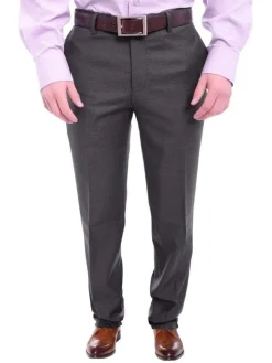 Mens Napoli Slim Fit Solid Charcoal Gray Flat Front Wool Dress Pants
