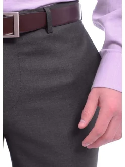 Mens Napoli Slim Fit Solid Charcoal Gray Flat Front Wool Dress Pants