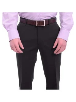 Mens Napoli Slim Fit Solid Navy Blue Flat Front Wool Dress Pants