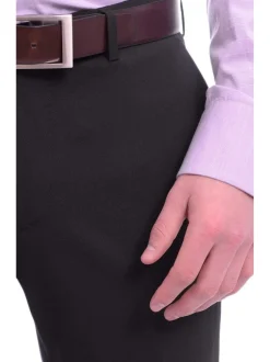 Mens Napoli Slim Fit Solid Navy Blue Flat Front Wool Dress Pants