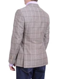 Mens Napoli Taupe Windowpane Half Lined Wool Linen Blend Blazer Sportcoat