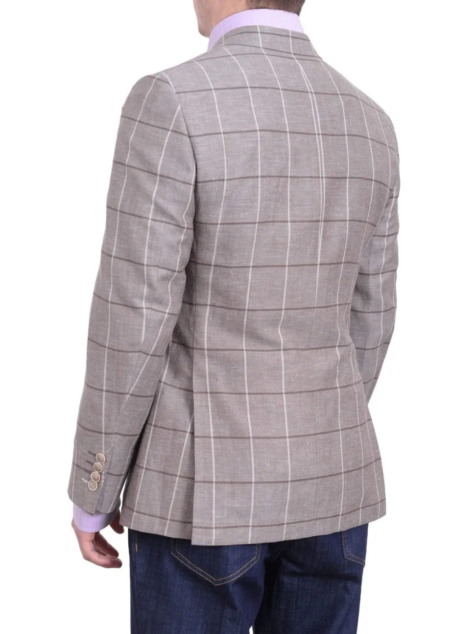 Mens Napoli Taupe Windowpane Half Lined Wool Linen Blend Blazer Sportcoat