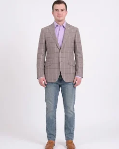 Mens Napoli Taupe Windowpane Half Lined Wool Linen Blend Blazer Sportcoat