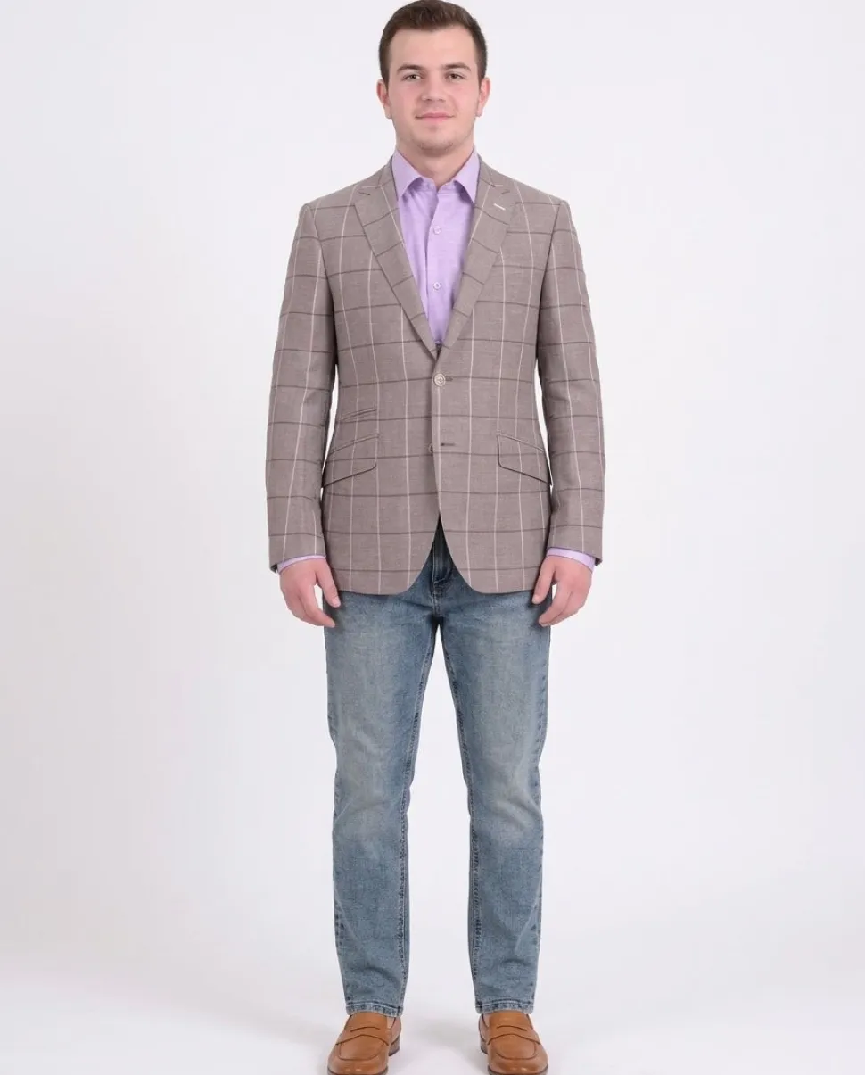 Mens Napoli Taupe Windowpane Half Lined Wool Linen Blend Blazer Sportcoat