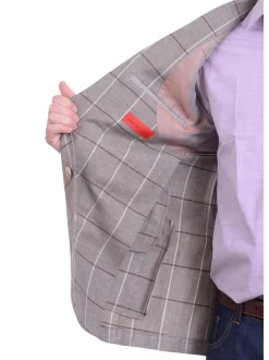 Mens Napoli Taupe Windowpane Half Lined Wool Linen Blend Blazer Sportcoat
