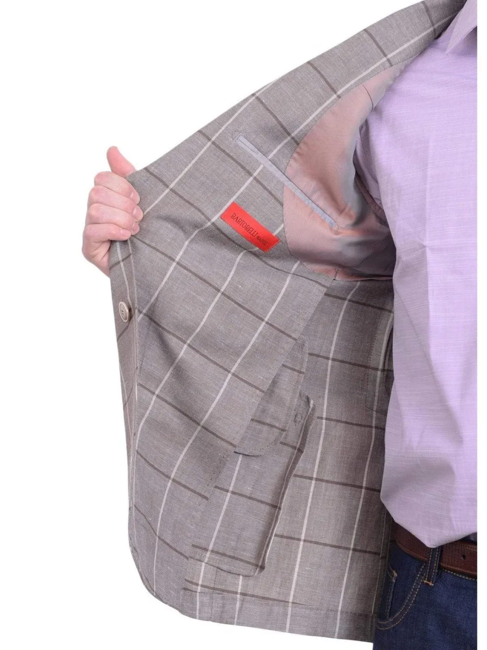 Mens Napoli Taupe Windowpane Half Lined Wool Linen Blend Blazer Sportcoat