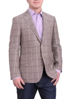 Mens Napoli Taupe Windowpane Half Lined Wool Linen Blend Blazer Sportcoat