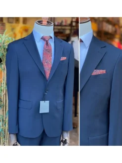 Mens Navy Blue Check Slim Fit 100% VBC Wool Prehemmed Suit