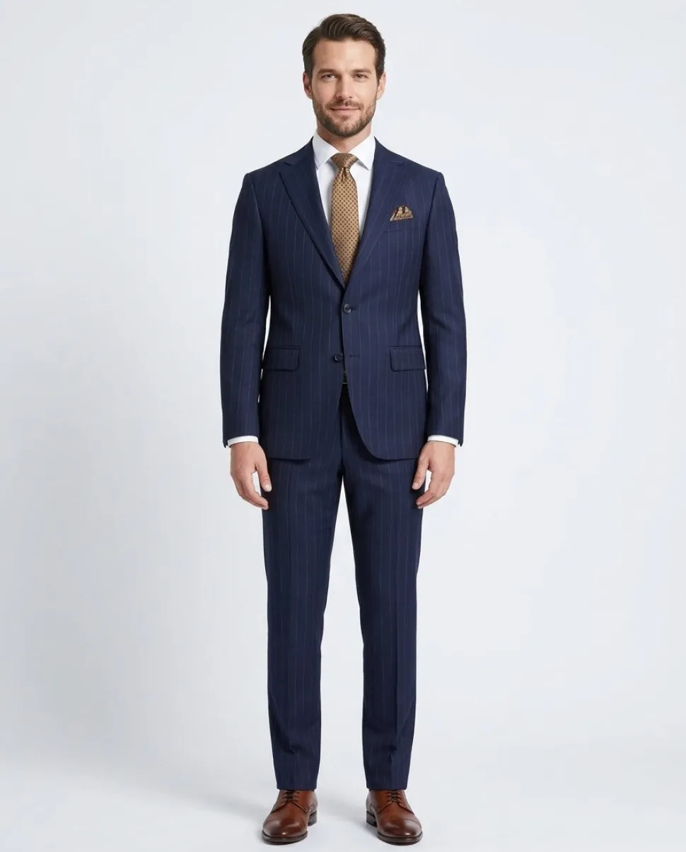 Men's Navy Blue Pinstriped Slim Fit 100% VBC Wool Prehemmed Suit
