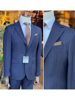 Men's Navy Blue Pinstriped Slim Fit 100% VBC Wool Prehemmed Suit
