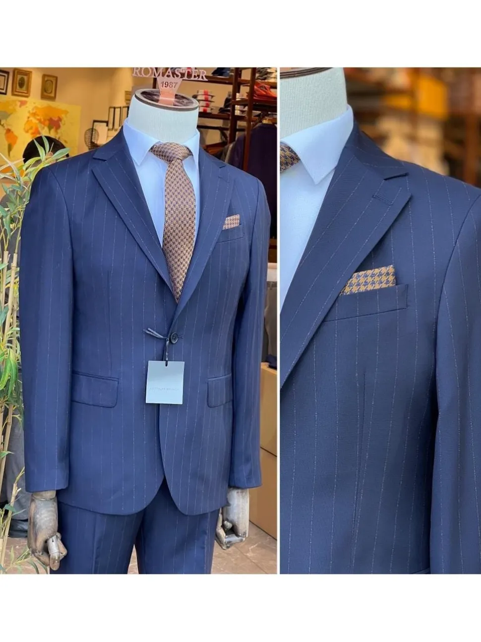 Men's Navy Blue Pinstriped Slim Fit 100% VBC Wool Prehemmed Suit