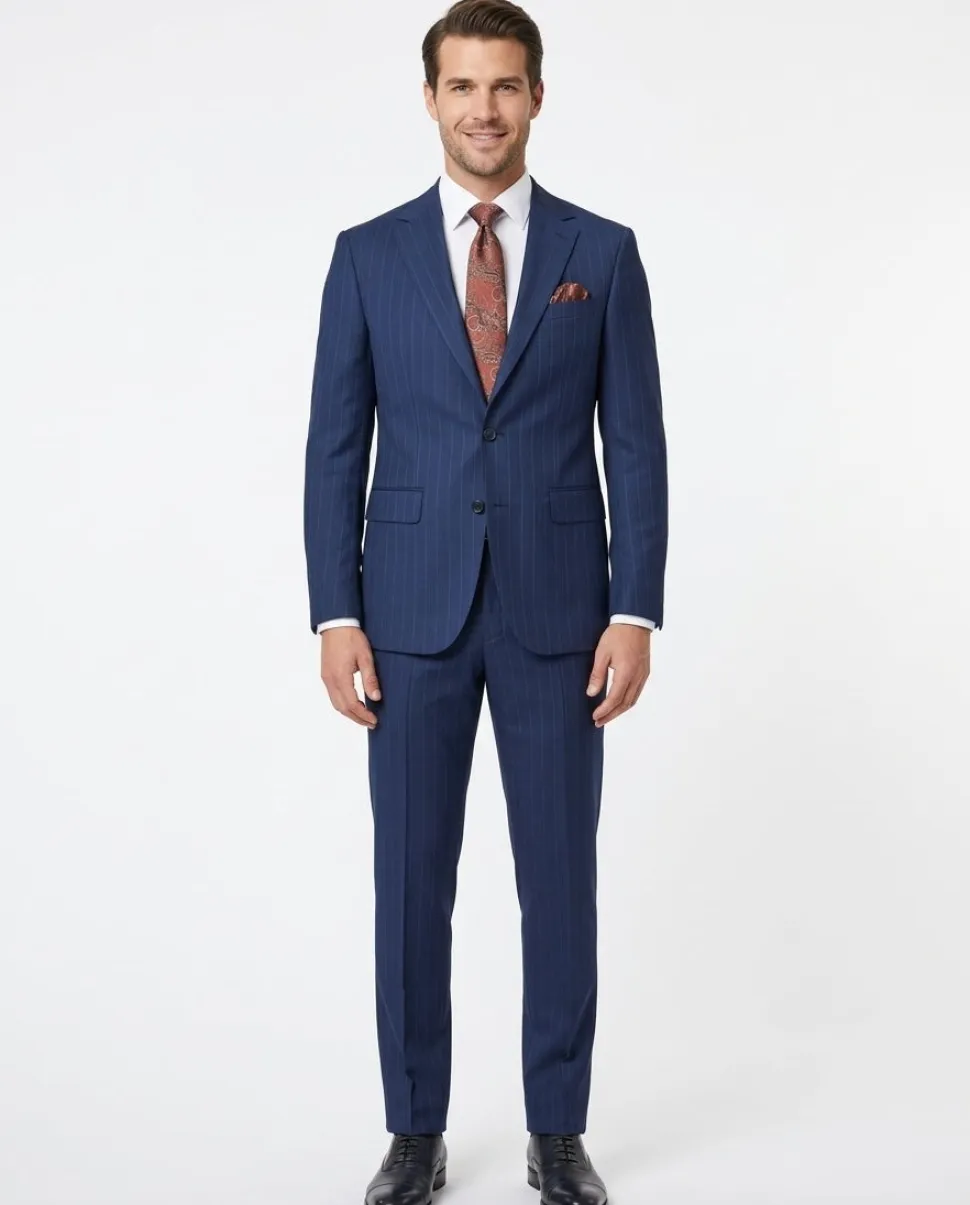 Mens Navy Blue Pinstriped Slim Fit 100% VBC Wool Prehemmed Suit