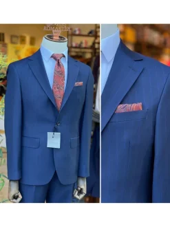 Mens Navy Blue Pinstriped Slim Fit 100% VBC Wool Prehemmed Suit