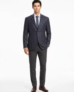Mens Navy Blue Plaid 100% Wool Half Lined Two Button Blazer Sportcoat