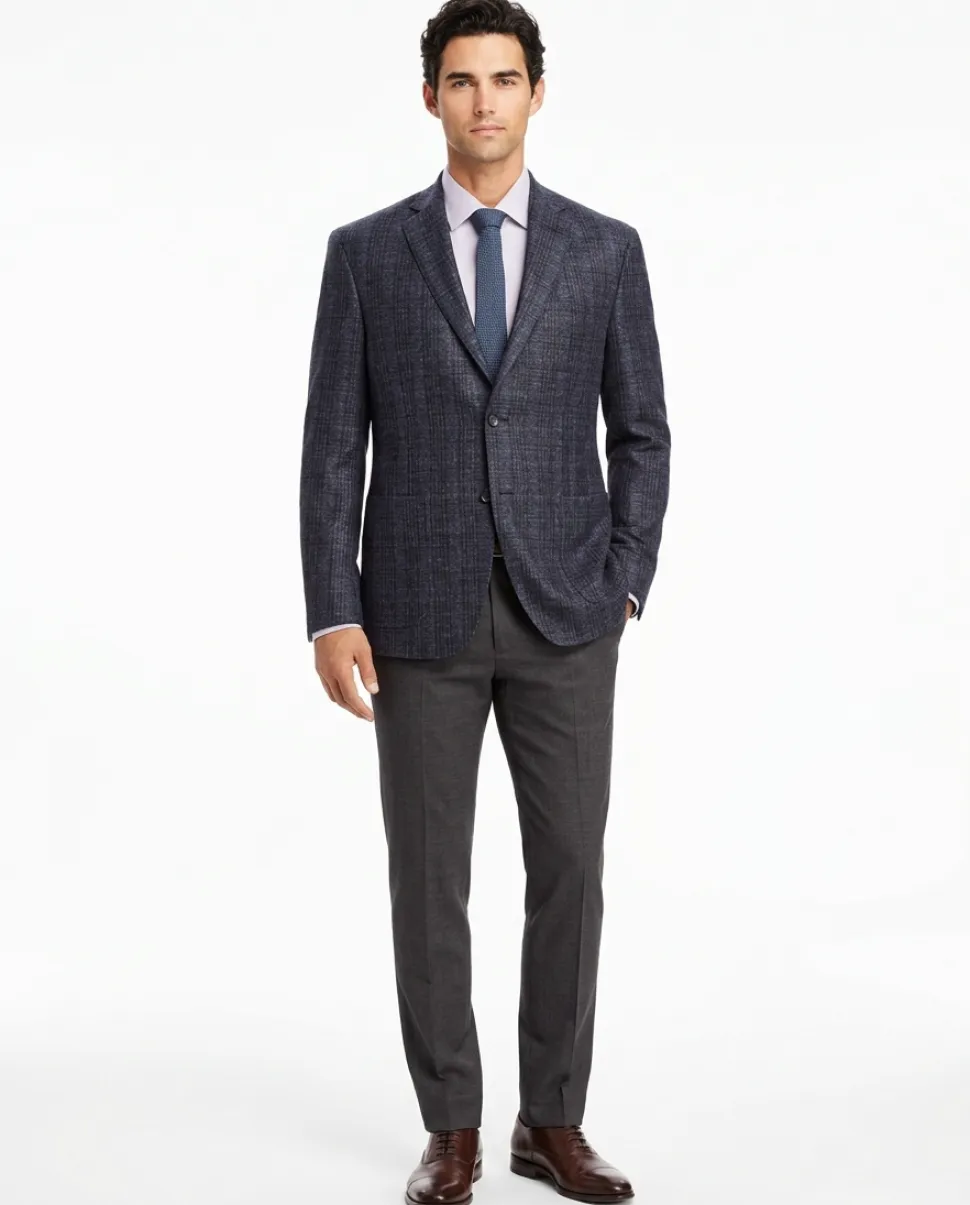 Mens Navy Blue Plaid 100% Wool Half Lined Two Button Blazer Sportcoat