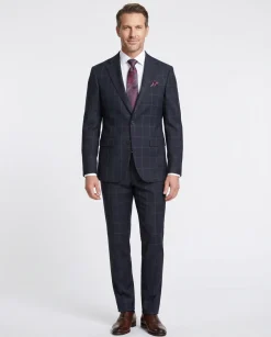 Mens Navy Blue Windowpane Slim Fit 100% VBC Wool Prehemmed Suit