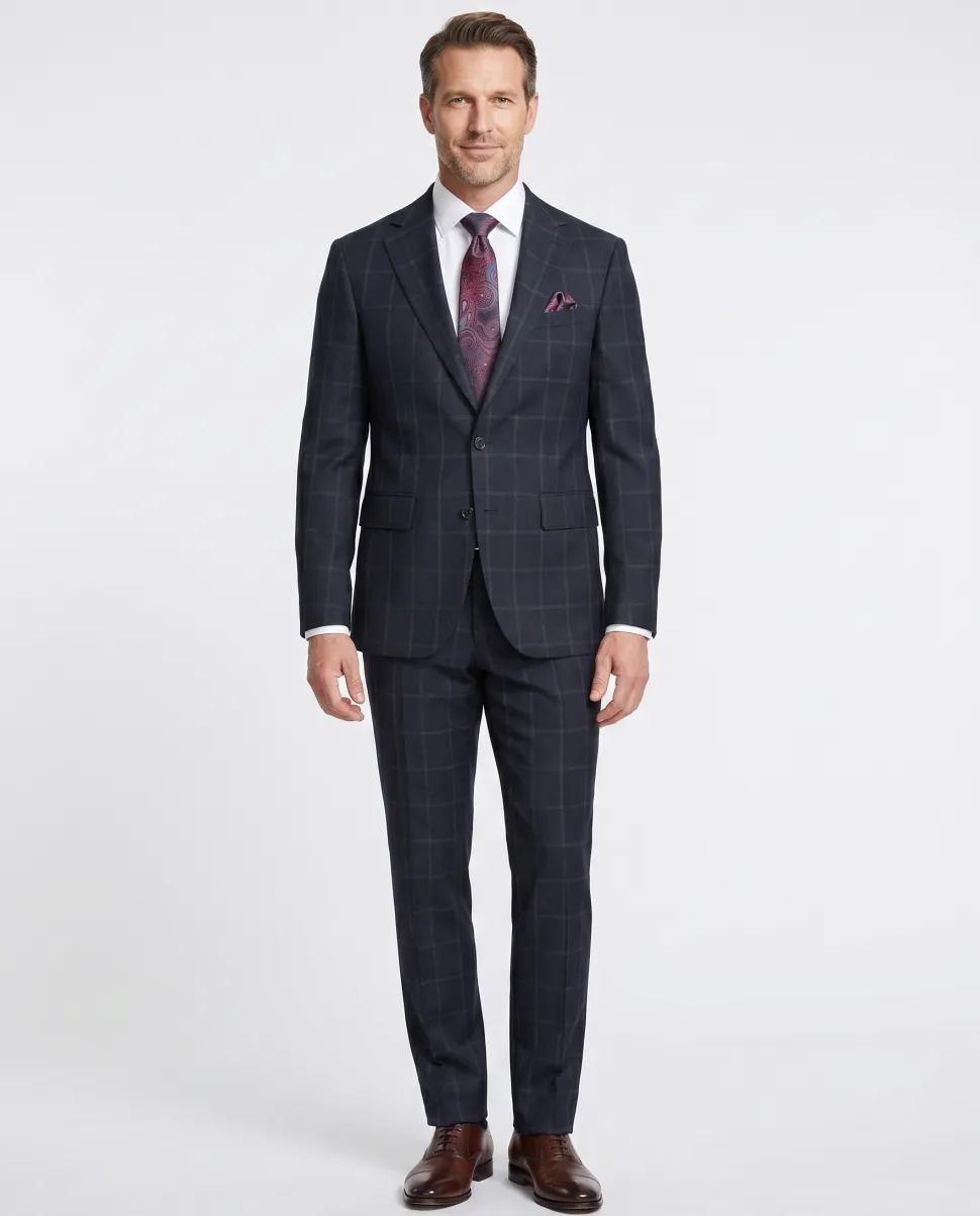Mens Navy Blue Windowpane Slim Fit 100% VBC Wool Prehemmed Suit
