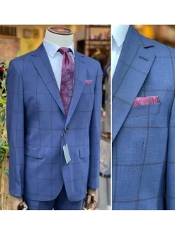 Mens Navy Blue Windowpane Slim Fit 100% VBC Wool Prehemmed Suit